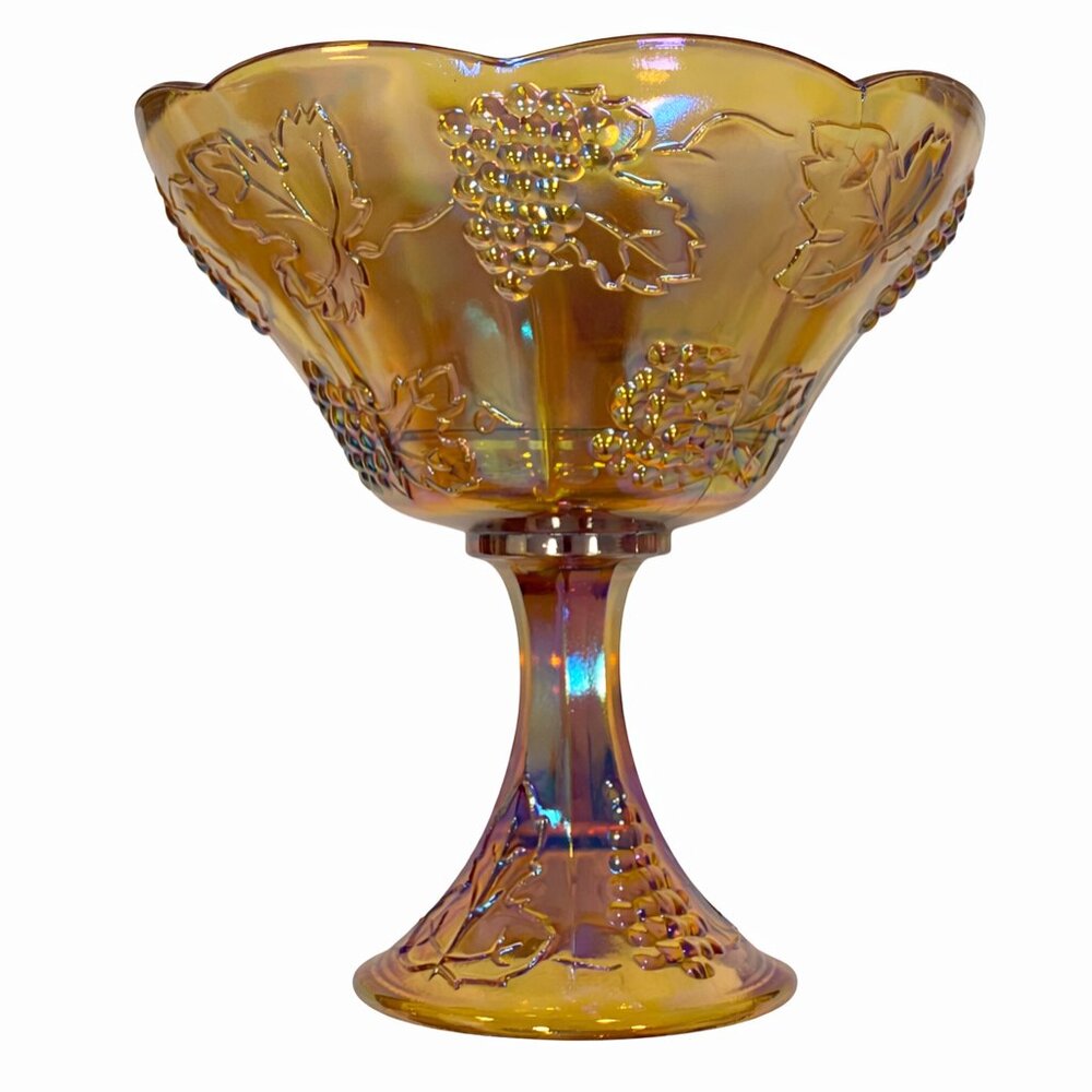 Vintage Indiana Glass Harvest Grape Carnival Glass Compote Amber Gold Iridescent